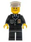 Minifigurka: CTY0218:  Police - City Suit with Blue Tie and Badge, Black Legs, Black Eyebrows, White Hat