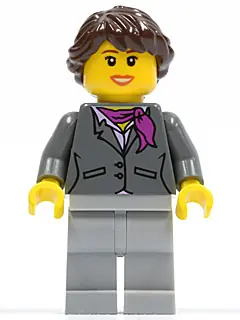 CTY0220:  Dark Bluish Gray Jacket with Magenta Scarf, Light Bluish Gray Legs, Dark Brown Hair Ponytail Long French Braided, Brown Eyebrows