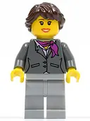 Minifigurka: CTY0220:  Dark Bluish Gray Jacket with Magenta Scarf, Light Bluish Gray Legs, Dark Brown Hair Ponytail Long French Braided, Brown Eyebrows
