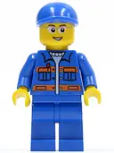 Minifigurka: CTY0224:  Blue Jacket with Pockets and Orange Stripes, Blue Legs, Blue Short Bill Cap, Glasses, Open Mouth Smile