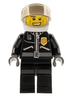 CTY0228:  Police - City Leather Jacket with Gold Badge and 'POLICE' on Back, White Helmet, Trans-Brown Visor