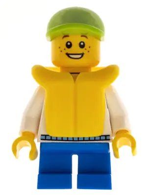CTY0229:  Child - Boy, White Hoodie with Medium Blue Pocket, Blue Short Legs, Lime Cap, Freckles, Yellow Life Jacket