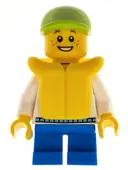 Minifigurka: CTY0229:  Child - Boy, White Hoodie with Medium Blue Pocket, Blue Short Legs, Lime Cap, Freckles, Yellow Life Jacket