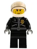 Minifigurka: CTY0230:  Police - City Leather Jacket with Gold Badge and 'POLICE' on Back, White Helmet, Trans-Brown Visor, Cheek Lines