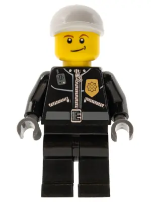 CTY0231:  Police - City Leather Jacket with Gold Badge and 'POLICE' on Back, White Short Bill Cap, Lopsided Smile