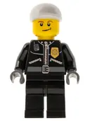 Minifigurka: CTY0231:  Police - City Leather Jacket with Gold Badge and 'POLICE' on Back, White Short Bill Cap, Lopsided Smile