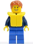Minifigurka: CTY0232:  Plaid Button Shirt, Blue Legs, Dark Orange Short Tousled Hair, Yellow Life Jacket, Thin Grin with Teeth