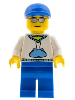 CTY0234:  White Hoodie with Medium Blue Pocket, Blue Legs, Blue Short Bill Cap