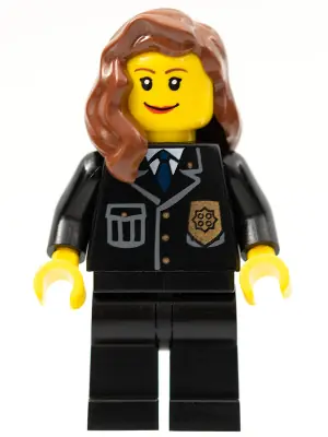 CTY0241:  Police - City Suit with Blue Tie and Badge, Black Legs, Reddish Brown Female Hair over Shoulder