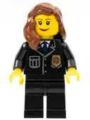 Minifigurka: CTY0241:  Police - City Suit with Blue Tie and Badge, Black Legs, Reddish Brown Female Hair over Shoulder