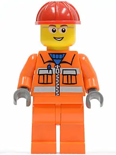 CTY0246:  Construction Worker - Orange Zipper, Safety Stripes, Orange Arms, Orange Legs, Red Construction Helmet, Glasses with Gray Side Frames (Crane Operator)