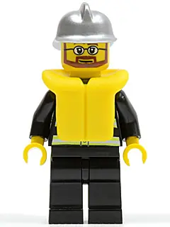 CTY0251:  Fire - Reflective Stripes, Black Legs, Silver Fire Helmet, Beard and Glasses, Life Jacket