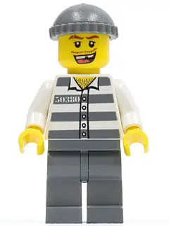 CTY0253:  Police - Jail Prisoner 50380 Prison Stripes, Dark Bluish Gray Legs, Dark Bluish Gray Knit Cap, Missing Tooth