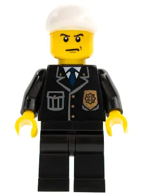 CTY0255:  Police - City Suit with Blue Tie and Badge, Black Legs, White Short Bill Cap, Scowl