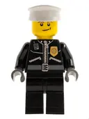 Minifigurka: CTY0256:  Police - City Leather Jacket with Gold Badge and 'POLICE' on Back, White Hat, Lopsided Smile