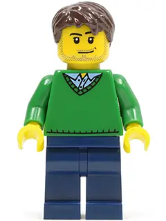 CTY0261:  Green V-Neck Sweater, Dark Blue Legs, Dark Brown Short Tousled Hair, Smirk and Stubble Beard