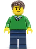Minifigurka: CTY0261:  Green V-Neck Sweater, Dark Blue Legs, Dark Brown Short Tousled Hair, Smirk and Stubble Beard