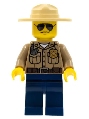 CTY0264:  Forest Police - Dark Tan Shirt with Pockets, Radio and Gold Badge, Dark Blue Legs, Campaign Hat, Black and Silver Sunglasses