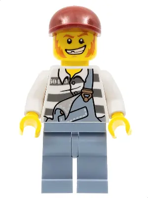 CTY0265:  Police - Jail Prisoner Torn Overalls over Prison Stripes, Sand Blue Legs, Dark Red Short Bill Cap
