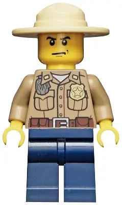CTY0273:  Forest Police - Dark Tan Shirt with Pockets, Radio and Gold Badge, Dark Blue Legs, Campaign Hat, Angry Eyebrows and Scowl, White Pupils