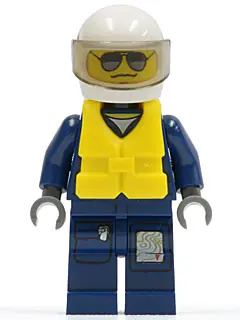 CTY0274:  Forest Police - Helicopter Pilot, Dark Blue Flight Suit with Badge, Helmet, Life Jacket Center Buckle, Black and Pearl Dark Gray Sunglasses