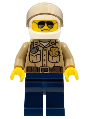 CTY0276:  Forest Police - Dark Tan Shirt with Pockets, Radio and Gold Badge, Dark Blue Legs, White Helmet with Visor, Black and Silver Sunglasses