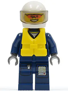 CTY0277:  Forest Police - Helicopter Pilot, Dark Blue Flight Suit with Badge, Helmet, Life Jacket Center Buckle, Orange Sunglasses