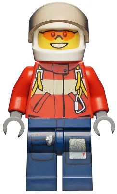 CTY0278:  Fire - Pilot Male, Red Fire Suit with Carabiner, Dark Blue Legs with Map, White Helmet, Orange Sunglasses