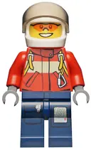Minifigurka: CTY0278:  Fire - Pilot Male, Red Fire Suit with Carabiner, Dark Blue Legs with Map, White Helmet, Orange Sunglasses