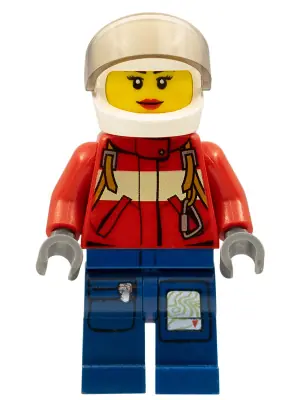 CTY0280:  Fire - Pilot Female, Red Fire Suit with Carabiner, Dark Blue Legs with Map, White Helmet, Red Lips