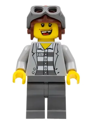 CTY0282:  Police - Jail Prisoner Jacket over Prison Stripes, Dark Bluish Gray Legs, Aviator Cap and Goggles, Missing Tooth