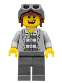 Minifigurka: CTY0282:  Police - Jail Prisoner Jacket over Prison Stripes, Dark Bluish Gray Legs, Aviator Cap and Goggles, Missing Tooth