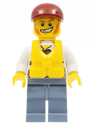 CTY0283:  Police - Jail Prisoner Torn Overalls over Prison Stripes, Sand Blue Legs, Dark Red Short Bill Cap, Life Jacket Center Buckle