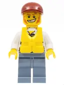Minifigurka: CTY0283:  Police - Jail Prisoner Torn Overalls over Prison Stripes, Sand Blue Legs, Dark Red Short Bill Cap, Life Jacket Center Buckle