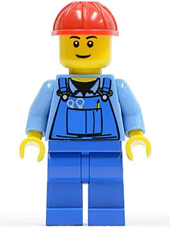 CTY0291:  Overalls with Tools in Pocket Blue, Red Construction Helmet, Black Eyebrows, Thin Grin