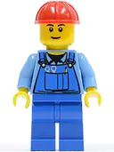 Minifigurka: CTY0291:  Overalls with Tools in Pocket Blue, Red Construction Helmet, Black Eyebrows, Thin Grin