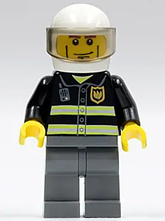 CTY0303:  Fire - Reflective Stripes, Dark Bluish Gray Legs, White Standard Helmet, Cheek Lines