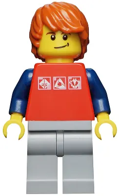 CTY0312:  Red Shirt with 3 Silver Logos, Dark Blue Arms, Light Bluish-Gray Legs, Dark Orange Hair