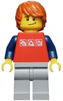 Minifigurka: CTY0312:  Red Shirt with 3 Silver Logos, Dark Blue Arms, Light Bluish-Gray Legs, Dark Orange Hair