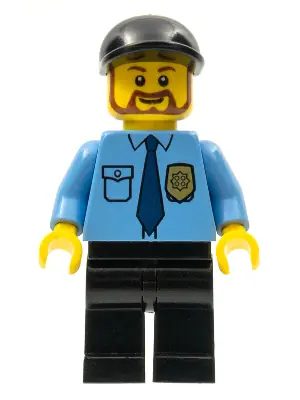 CTY0316:  Police - City Shirt with Dark Blue Tie and Gold Badge, Black Legs, Black Short Bill Cap, Brown Beard Rounded