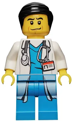 CTY0319:  Doctor - Long Lab Coat over Dark Azure Shirt, Stethoscope, Black Smooth Hair