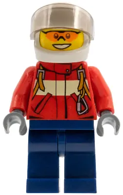 CTY0323:  Fire - Pilot Male, Red Fire Suit with Carabiner, Dark Blue Legs, White Helmet, Trans-Brown Visor, Orange Safety Glasses
