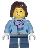 Minifigurka: CTY0331:  Medium Blue Jacket with Light Purple Scarf, Dark Blue Short Legs, Dark Brown Mid-Length Tousled Hair