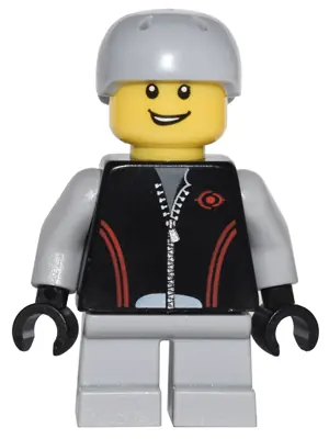 CTY0332:  Leather Jacket with Zipper, Red Lines and Logo Pattern, Light Bluish Gray Short Legs, Light Bluish Gray Sports Helmet