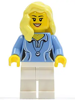 CTY0346:  Medium Blue Female Shirt with Two Buttons and Shell Pendant, White Legs, Bright Light Yellow Female Hair over Shoulder