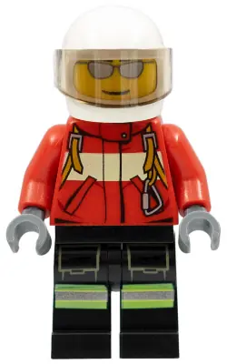 CTY0349:  Fire - Pilot Male, Red Fire Suit with Carabiner, Reflective Stripes on Black Legs, White Helmet, Silver Sunglasses