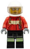 Minifigurka: CTY0349:  Fire - Pilot Male, Red Fire Suit with Carabiner, Reflective Stripes on Black Legs, White Helmet, Silver Sunglasses