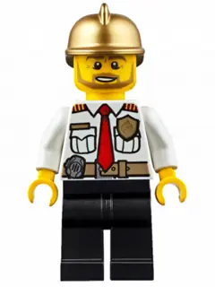 CTY0350:  Fire Chief - White Shirt with Tie and Belt, Black Legs, Gold Fire Helmet