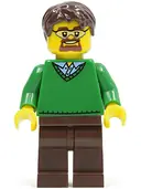 Minifigurka: CTY0352:  Green V-Neck Sweater, Dark Brown Legs, Dark Brown Short Tousled Hair, Safety Goggles