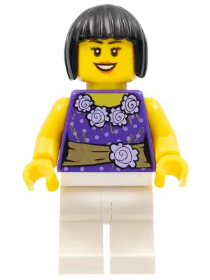CTY0354:  Female Dark Purple Blouse with Gold Sash and Flowers, White Legs, Black Bob Cut Hair